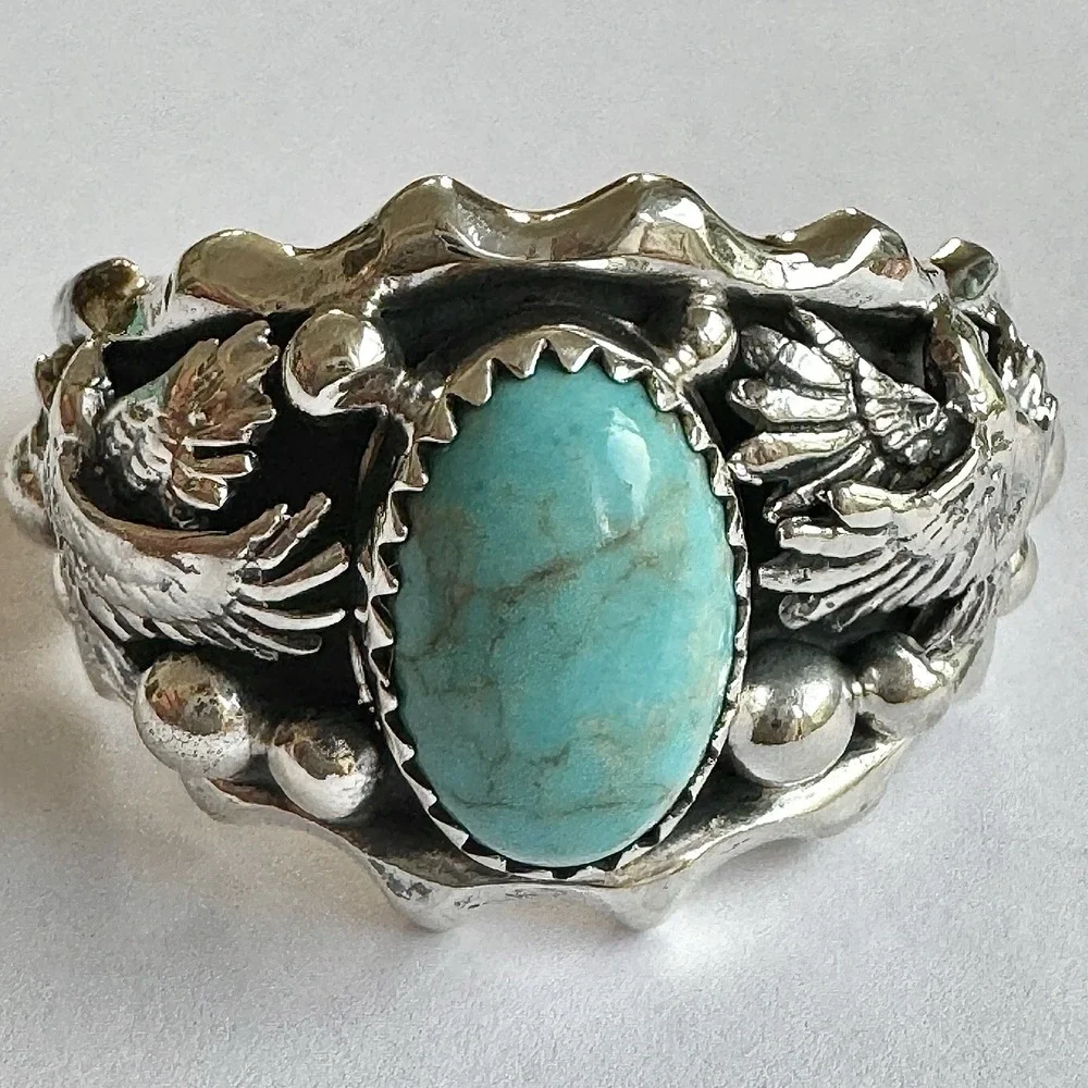 Navajo Eagle Mens Band Sz 13 Ring Turquoise Sterling Morgan Native American